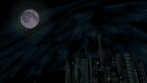 A view of L.A. from the game, with a dark blue sky, towering dark skyscrapers and a full moon.