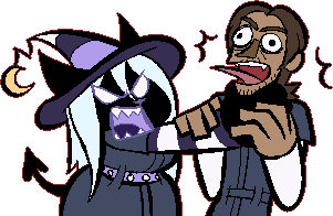 Rock, a black cat witch in the jumpsuit uniform from the game, furiously strangling Jimmy. Rock is wearing a dark purple and white striped long sleeved shirt under her uniform, her stripy witch hat and a pastel purple studded belt.